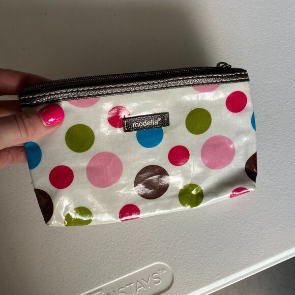 NEW Modella White Pink Brown Green Turquoise Polkadot Purse Makeup Bag Cosmetic - Picture 1 of 4